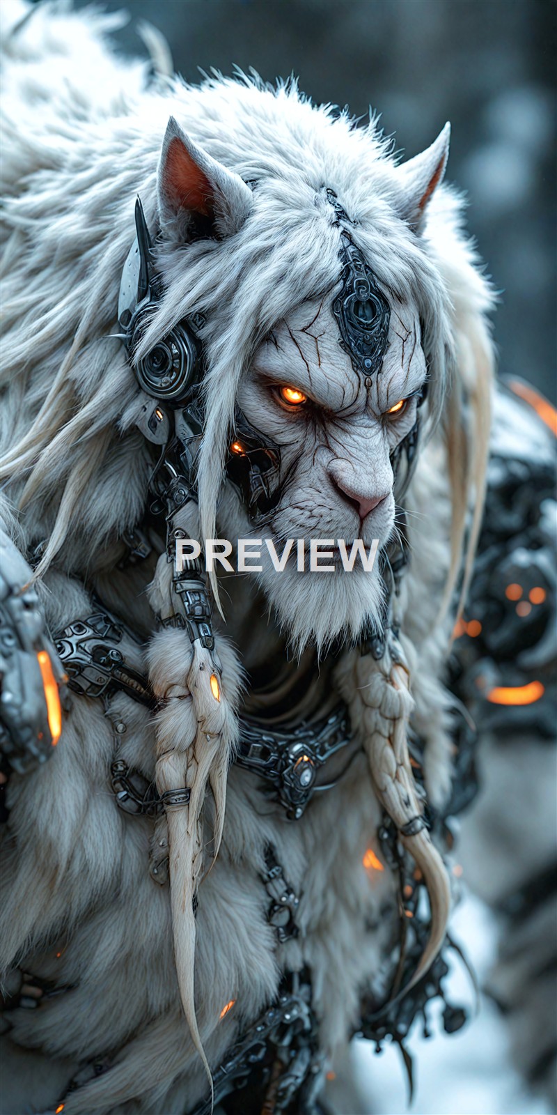 A fierce, white lion with glowing orange eyes and cybernetic enhancements on its face and body, featuring intricate mechanical details and glowing orange accents.